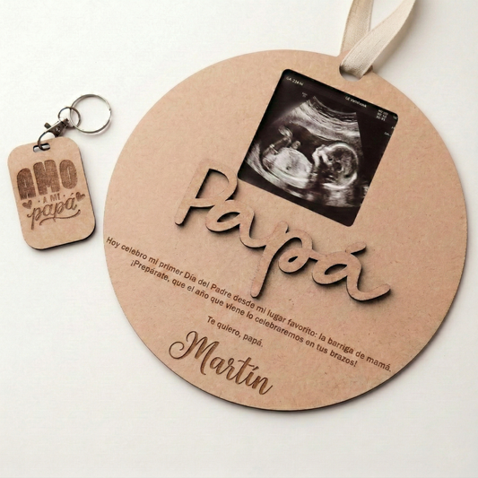 Pack Futuro Papá: Placa de Madera Personalizada para Ecografía y Llavero de Regalo