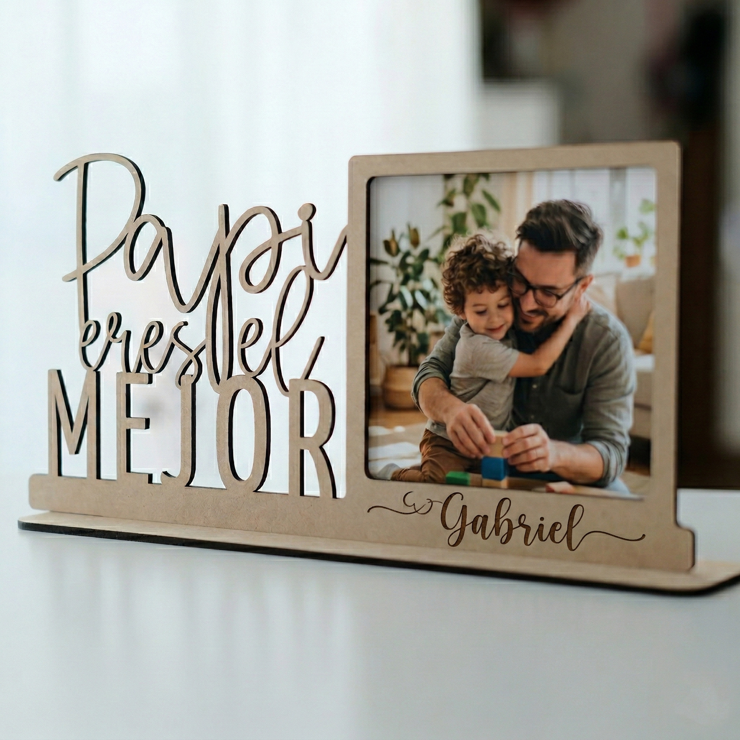 Pack Regalo Papá: Marco de Fotos de Madera "Papi eres el MEJOR" + Abridor Grabado
